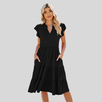 Drapoura™ Ruched Notched Cap Sleeve Dress