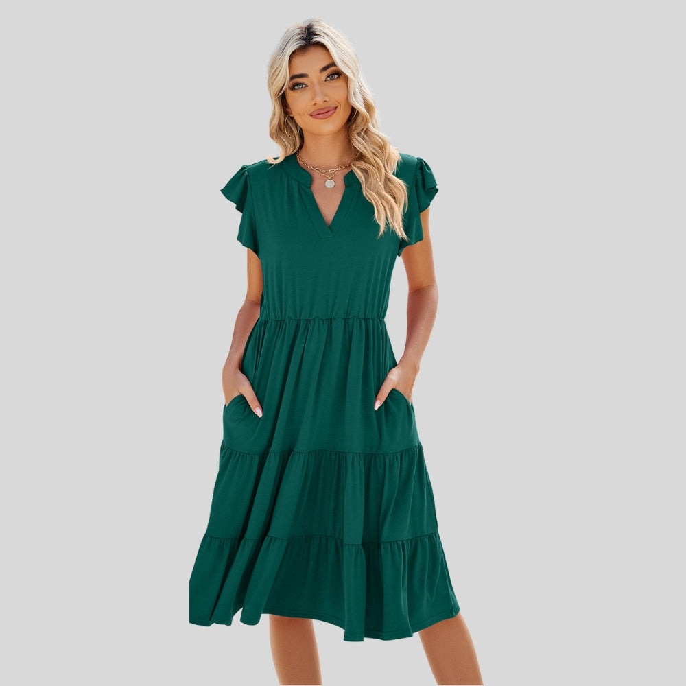 Drapoura™ Ruched Notched Cap Sleeve Dress