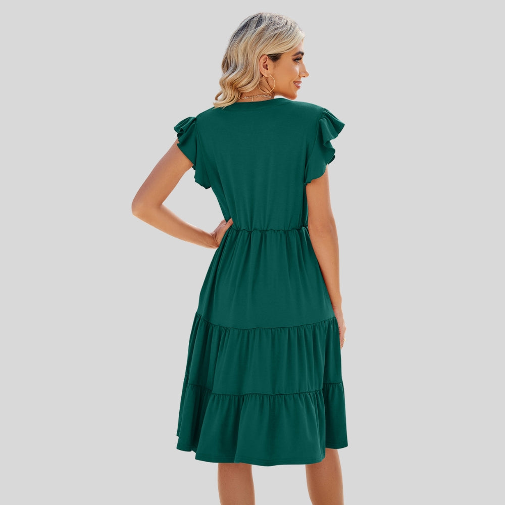 Drapoura™ Ruched Notched Cap Sleeve Dress