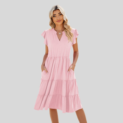 Drapoura™ Ruched Notched Cap Sleeve Dress